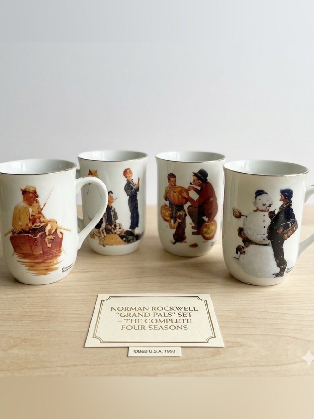 Vintage 1980 Norman Rockwell "Grand Pals" Four Seasons Coffee Mugs - Set of 4